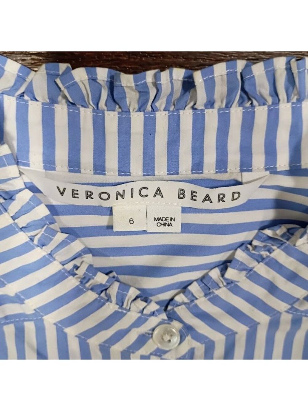 Veronica Beard Blue & White Striped Ruffle Collar Button-Down Shirt Size 6 - Picture 6 of 12